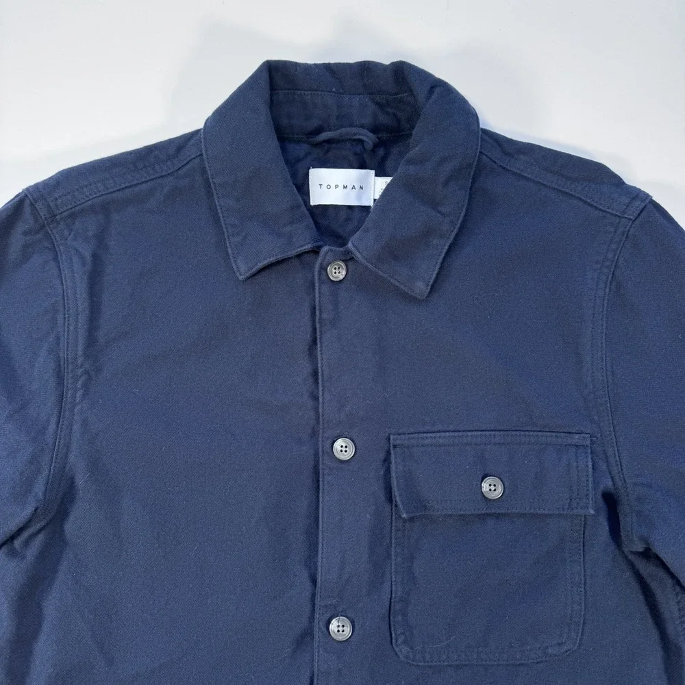 TOPMAN Lightweight Cotton Utility Chore Jacket Mens Small Blue Herringbone
